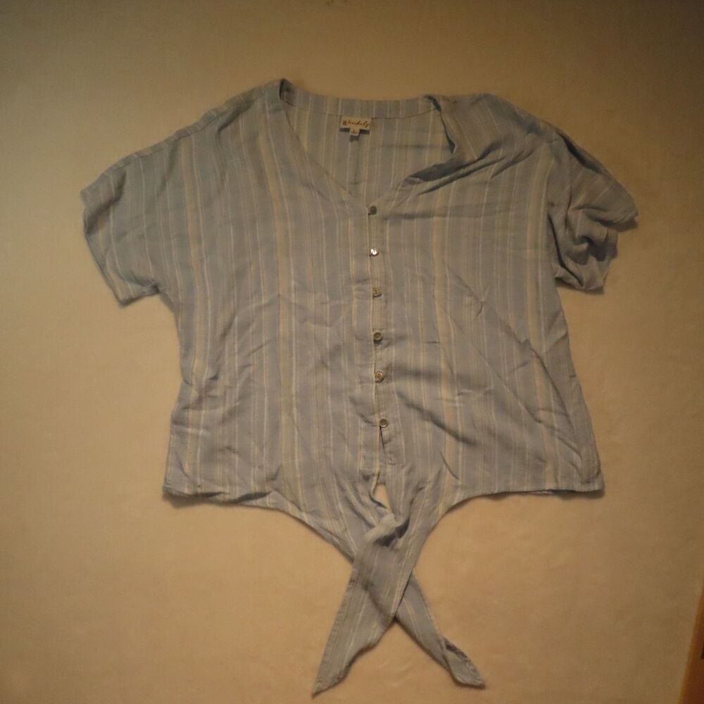 Wonderly Womens Large Blue Striped Linen Blend Tie Front Button Top Short Sleeve